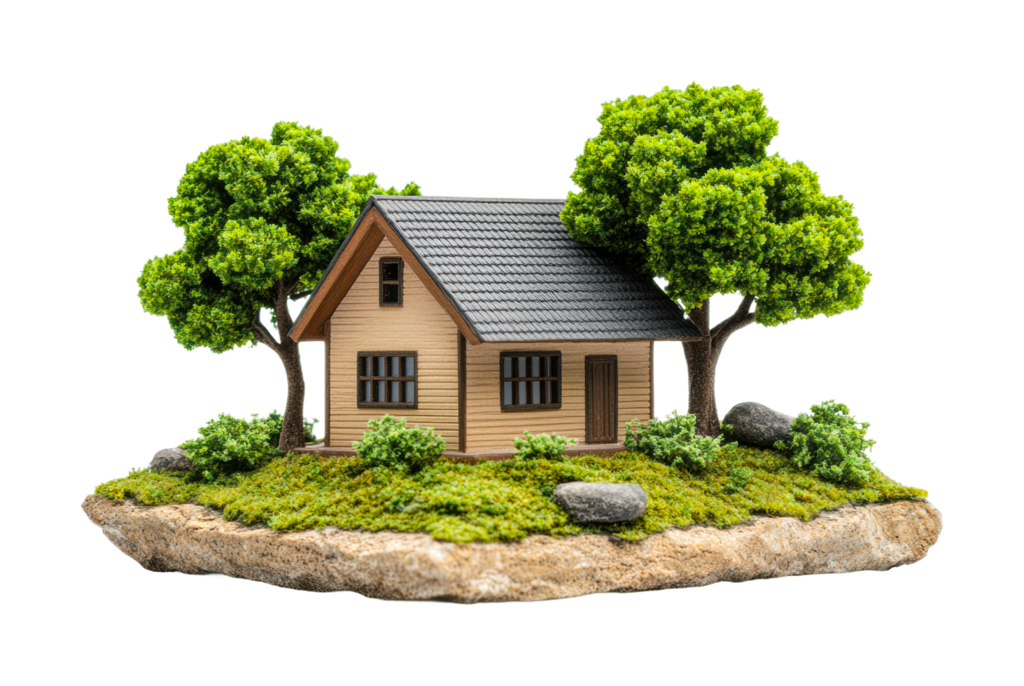 Cozy wooden cabin on floating island with lush greenery and trees, cut out png