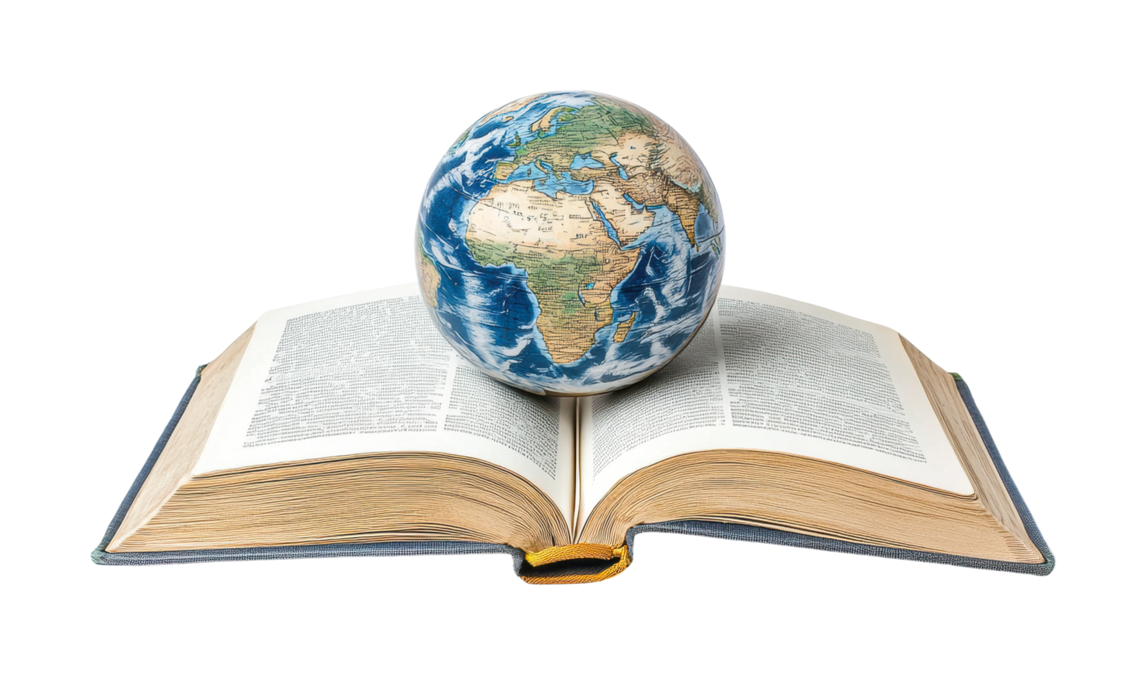 Open book with globe on top representing global knowledge and learning, cut out png