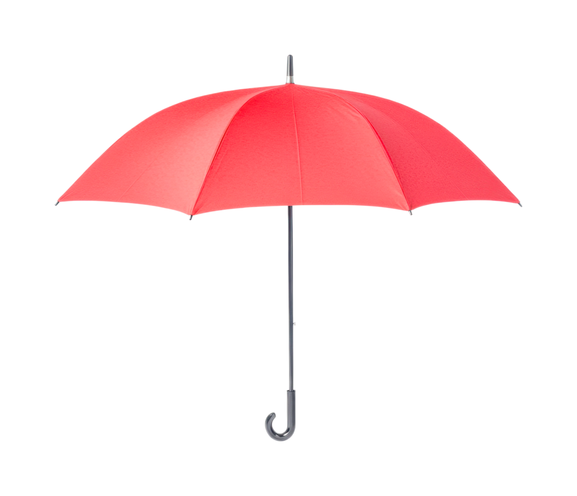 Red umbrella open with curved handle isolated on white, cut out png