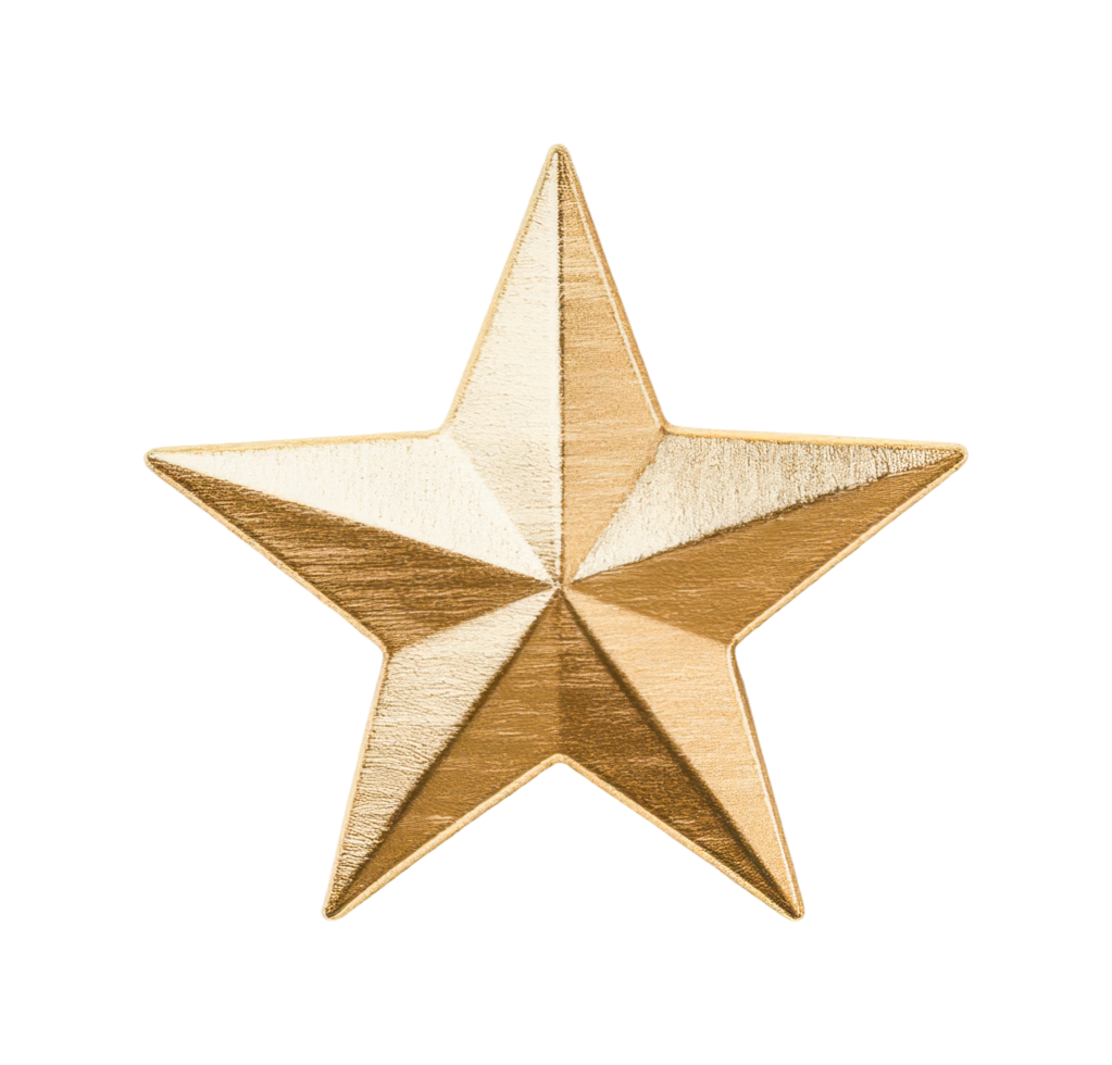 Gold textured five-pointed star on black background, cut out png