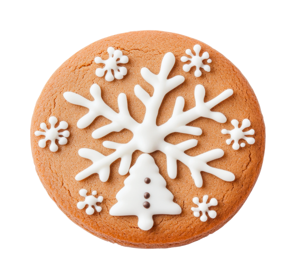 Decorated gingerbread cookie with snowflake and tree icing design, cut out png