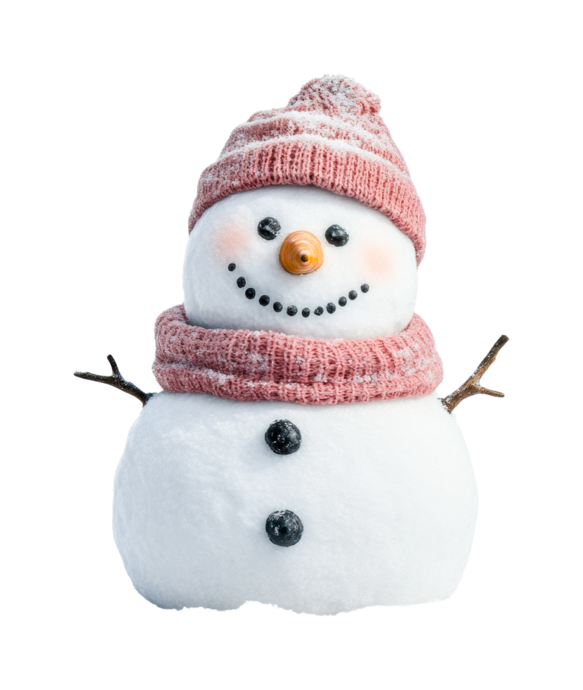 Cheerful snowman with pink hat and scarf smiling in winter, cut out png