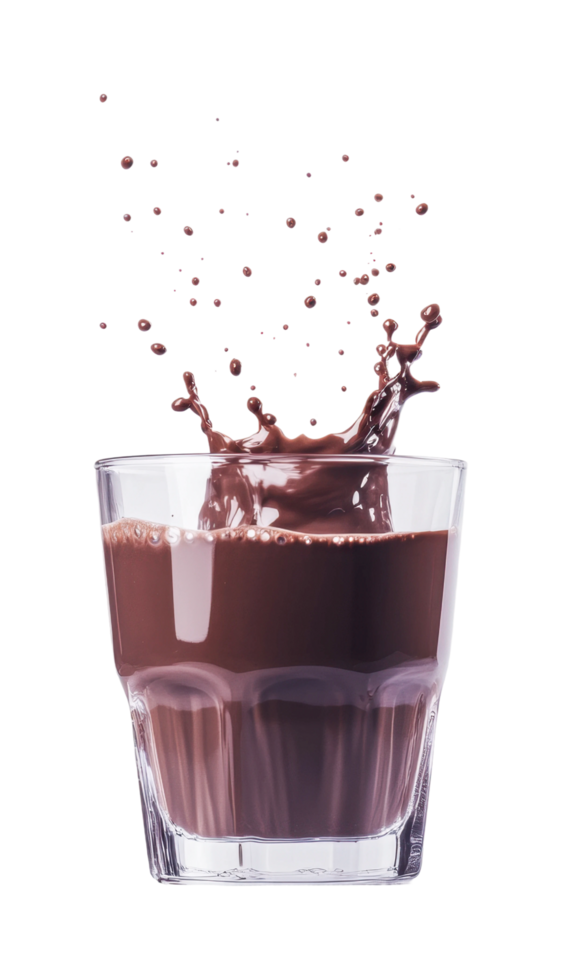 Splashing chocolate milk in glass with droplets in motion, cut out png
