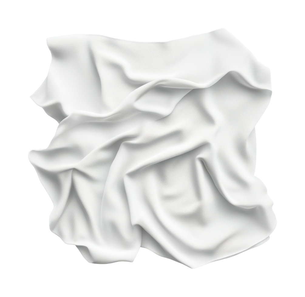 Crumpled white fabric square with smooth and wrinkled texture details, cut out png
