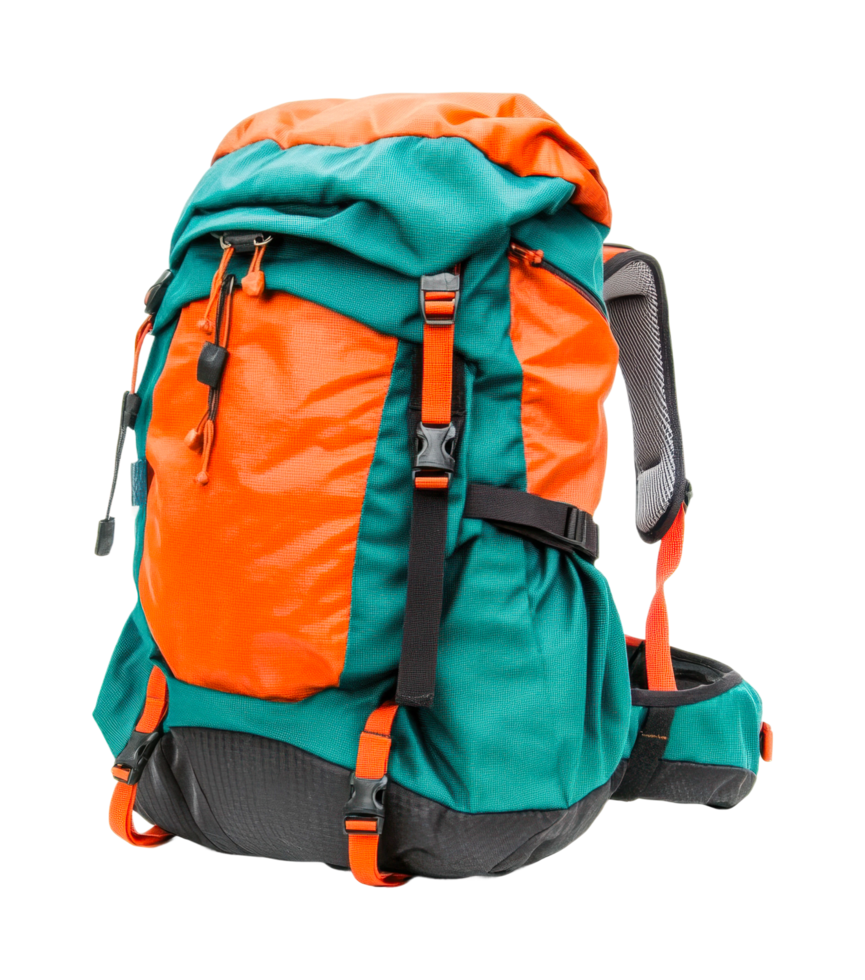 Durable orange and green hiking backpack with multiple compartments and adjustable straps, cut out png