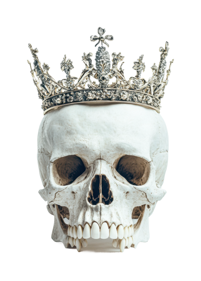 Human skull adorned with ornate royal crown, cut out png