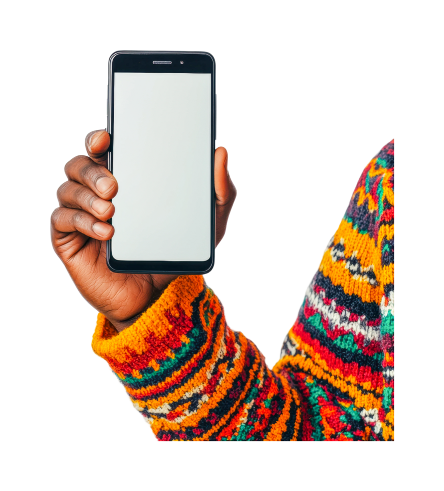 African male holding smartphone with colorful patterned sweater displaying blank screen, cut out png