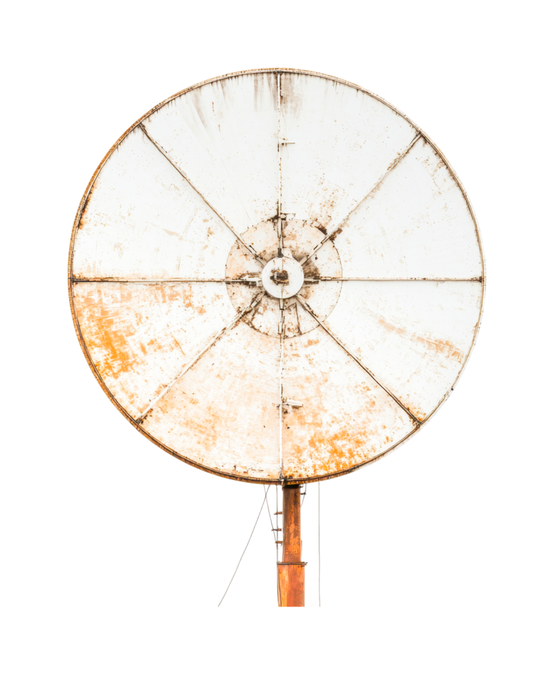 Large weathered industrial satellite dish antenna on metal pole, cut out png