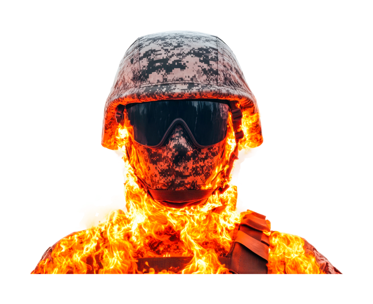 Soldier in camouflage and tactical gear engulfed in flames, cut out png