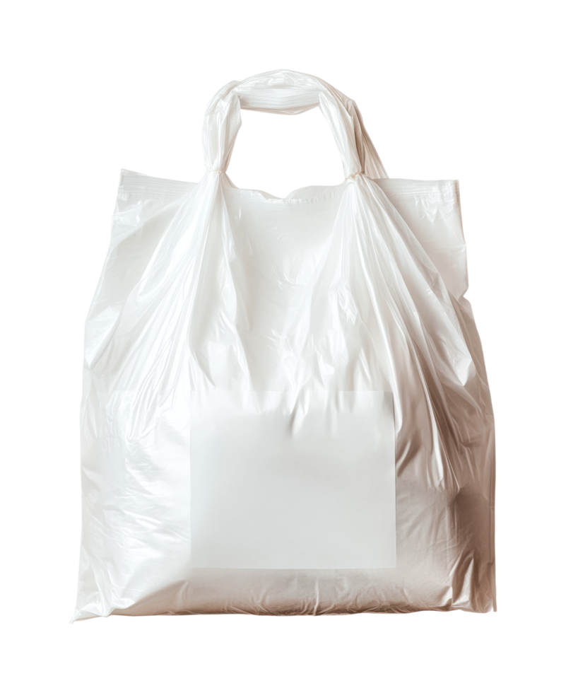 White plastic grocery bag with blank label front view, cut out png