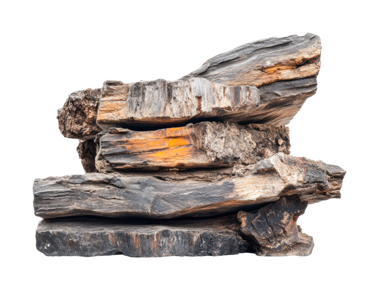 Stack of petrified wood logs displaying unique texture and color variations, cut out png