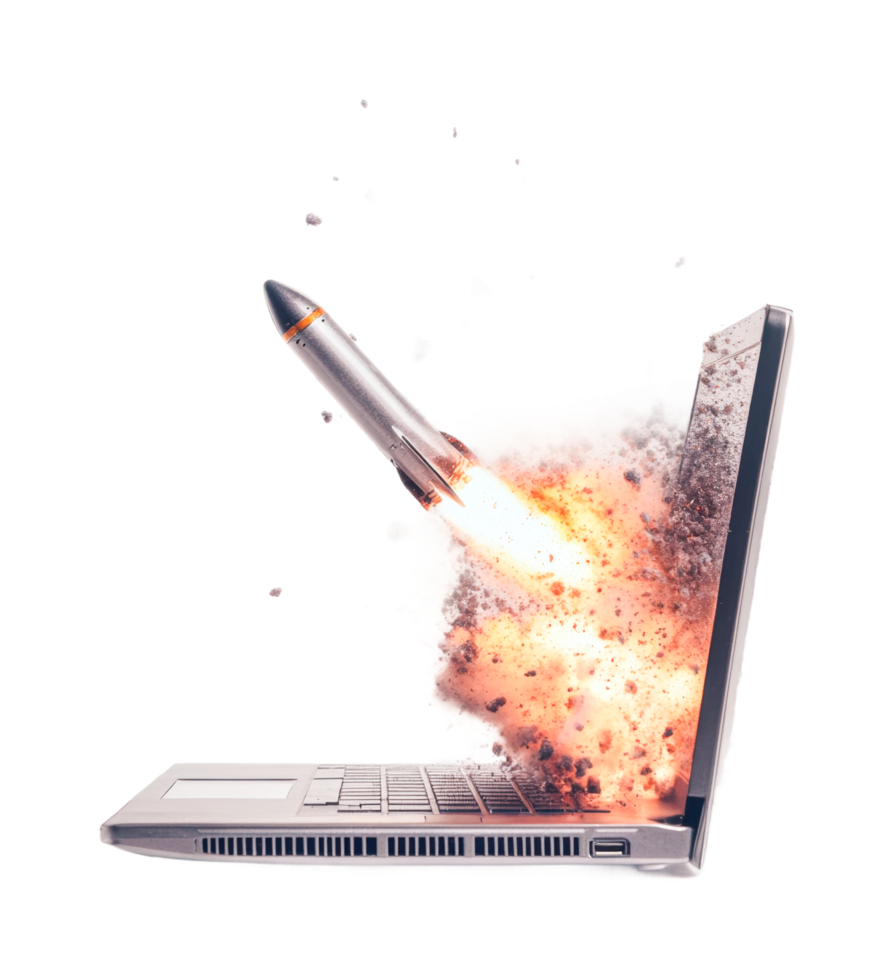 Rocket emerging from laptop exploding with energy and motion, cut out png