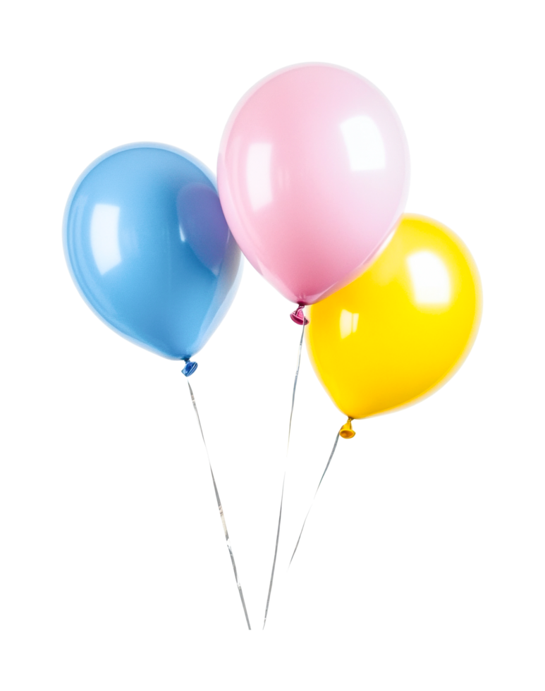 Colorful trio of helium balloons - pink, blue, yellow celebration decor, cut out png
