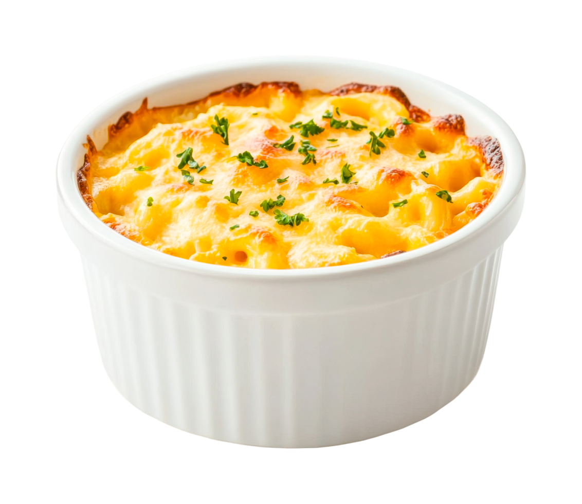 Delicious baked macaroni and cheese garnished with fresh parsley in white ceramic dish, cut out png