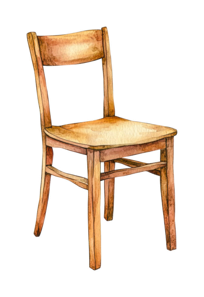 Watercolor wooden chair art with classic design and natural finish, cut out png