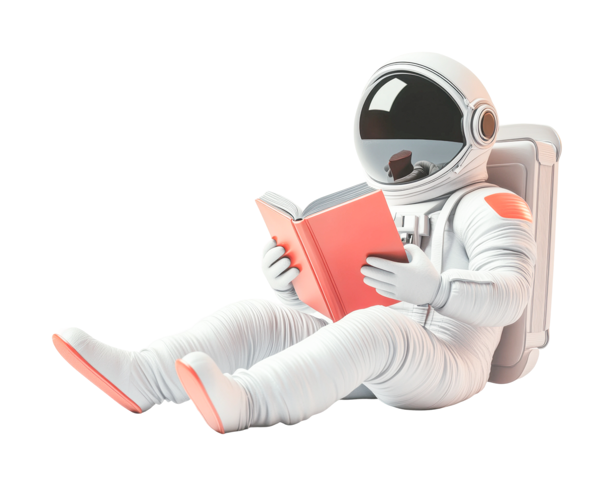 Astronaut reading book seated on surface in spacesuit, cut out png