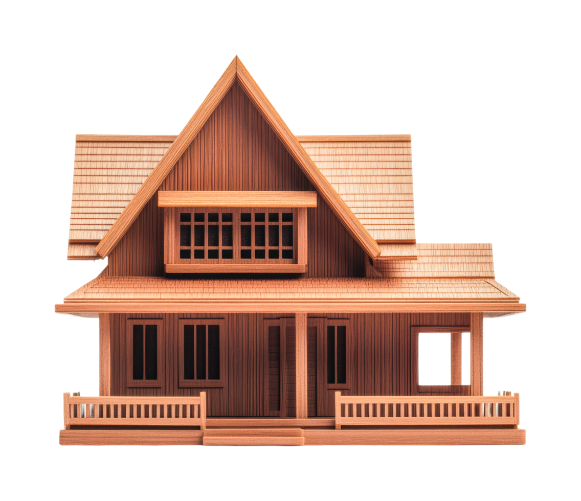Wooden model house with detailed roof and porch, cut out png
