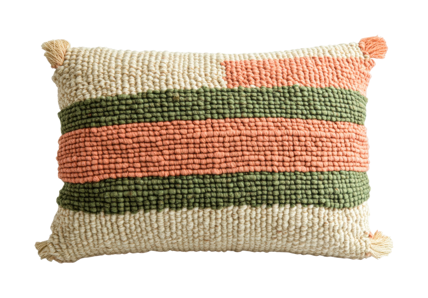 Handmade woven cushion with geometric patterns and textured design, cut out png