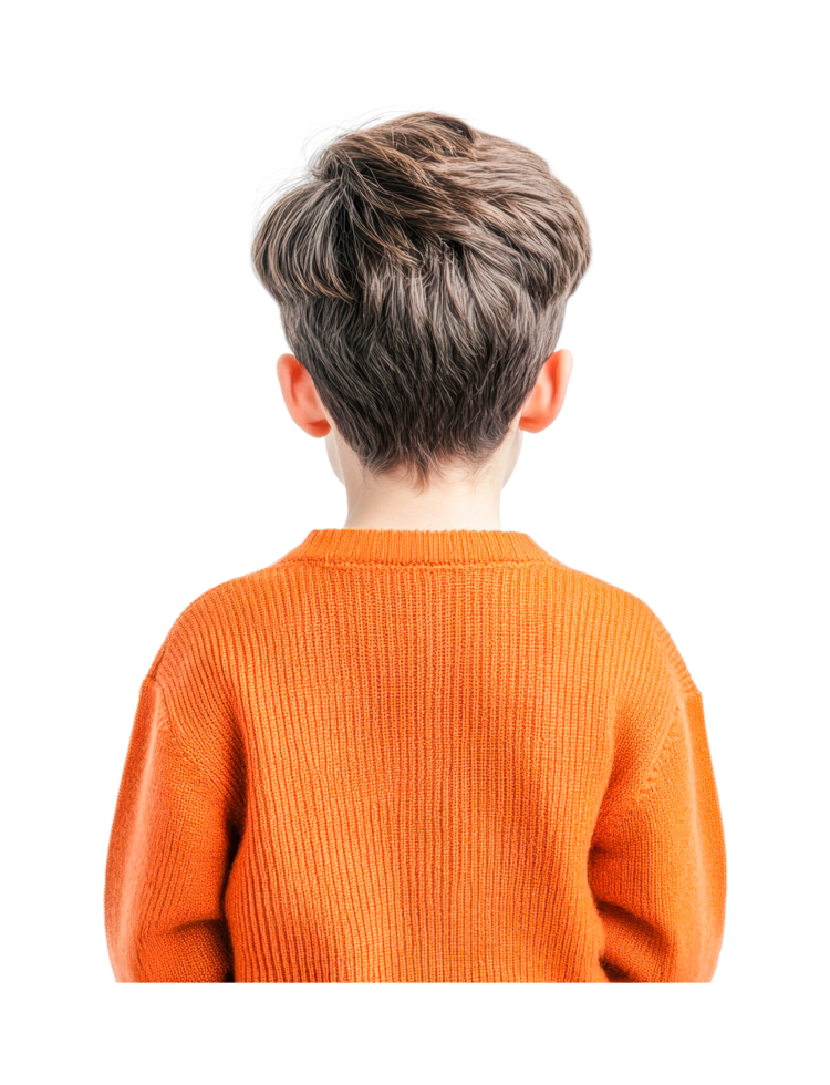 Rear view of young caucasian male child in orange sweater, cut out png