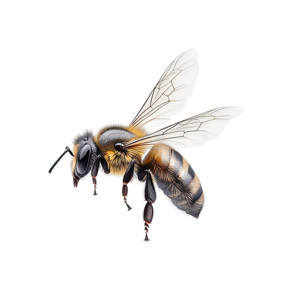 Detailed side view of a realistic honey bee with transparent wings, cut out png