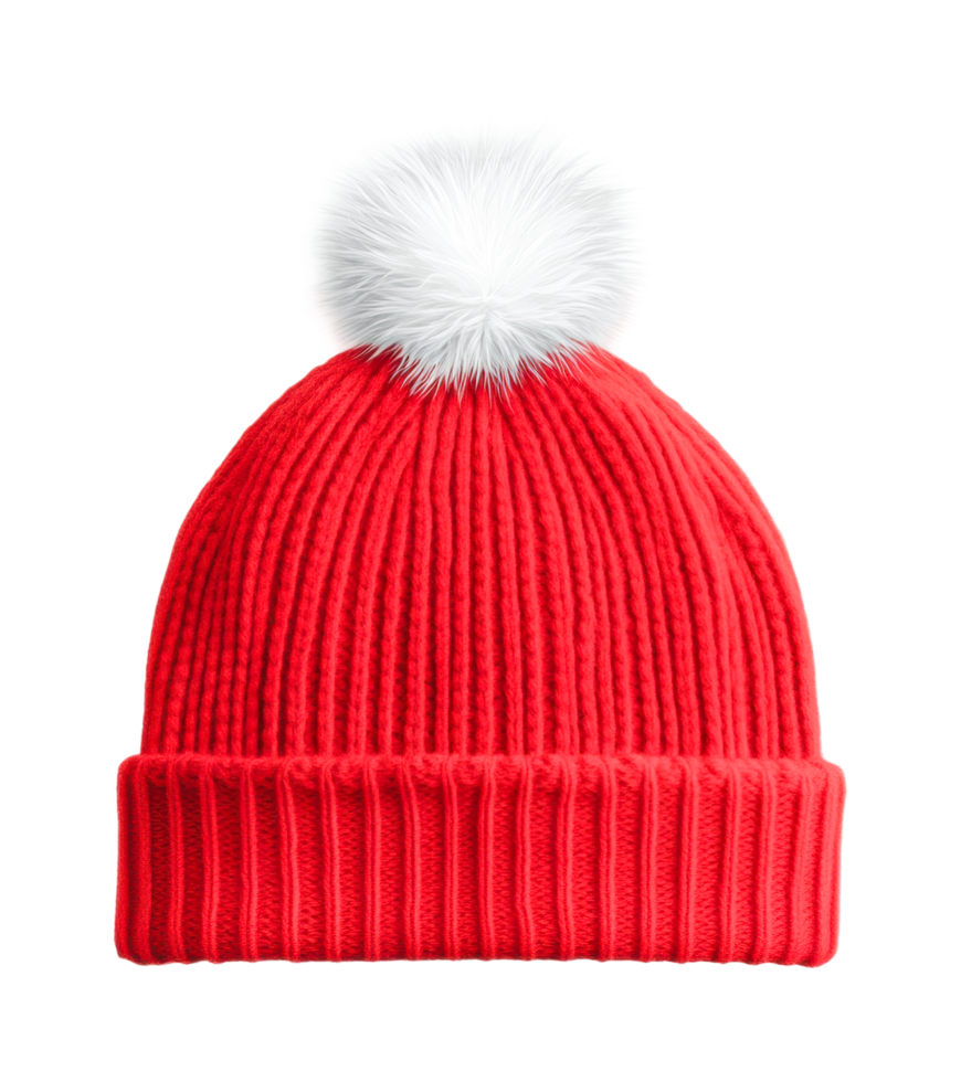 Red knit beanie with white pom pom for winter fashion and warmth, cut out png