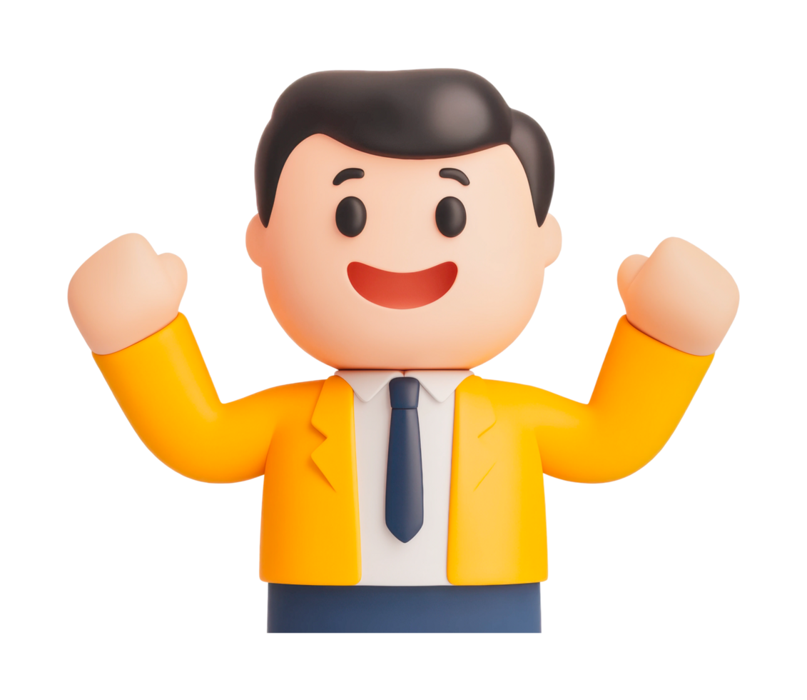 Animated character with raised hands and yellow jacket, cut out png