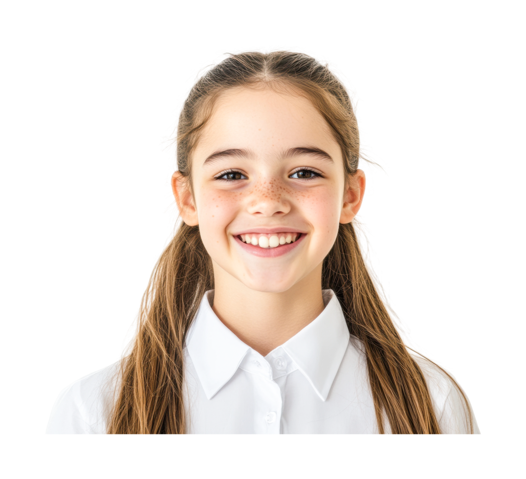 Smiling caucasian young female child in white shirt, cut out png