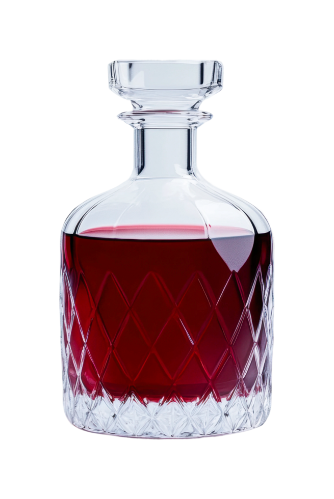 Elegant crystal decanter filled with red wine, cut out png