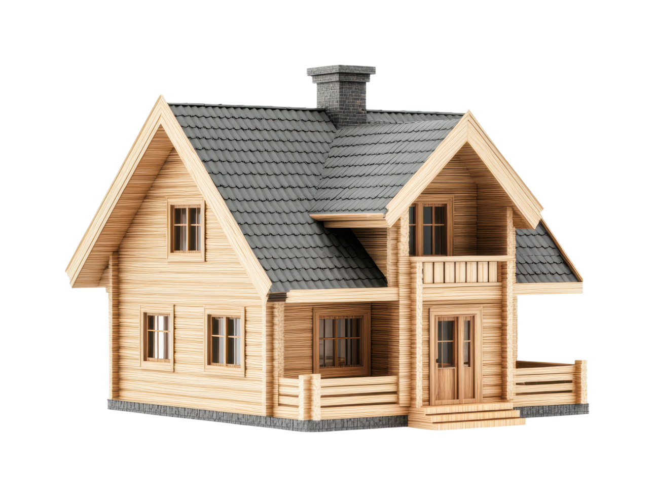 Wooden house with chimney and porch architecture, cut out png