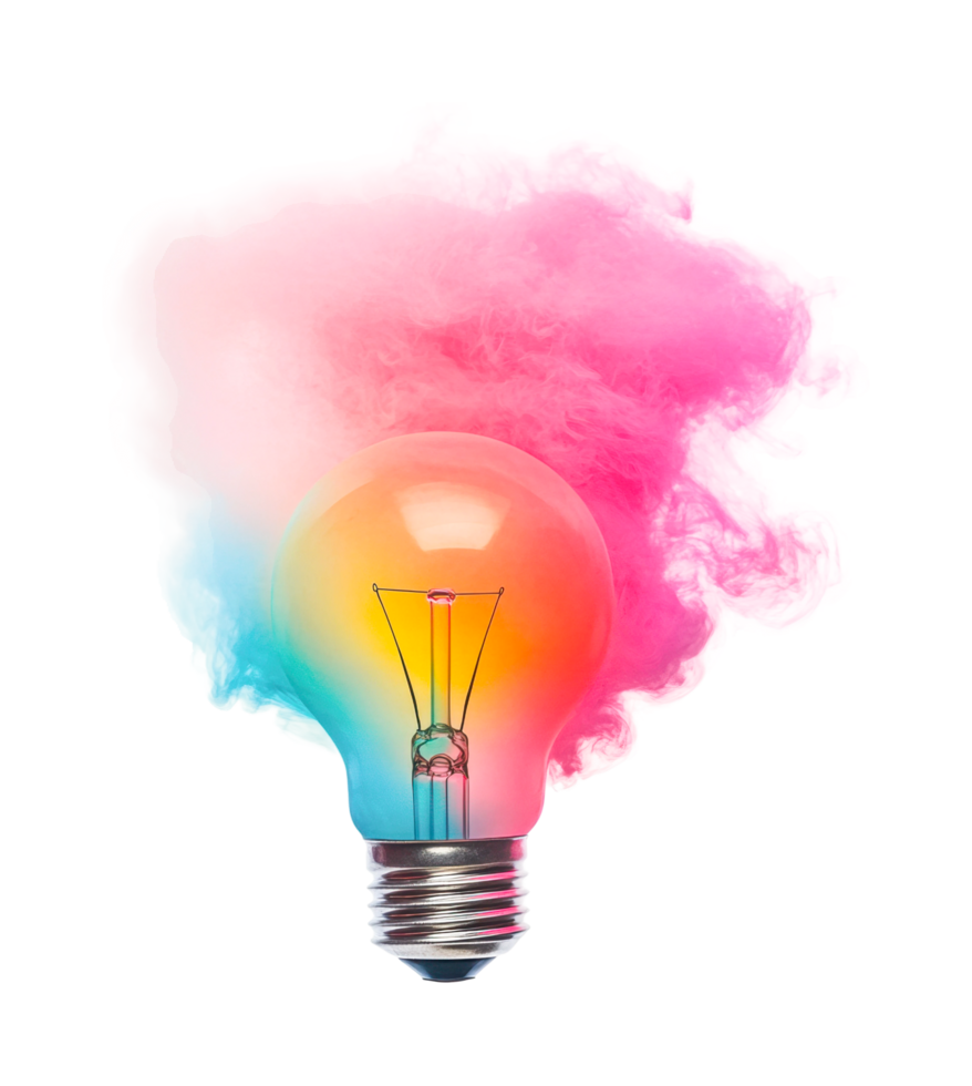 Vibrant light bulb with colorful smoke effect, cut out png