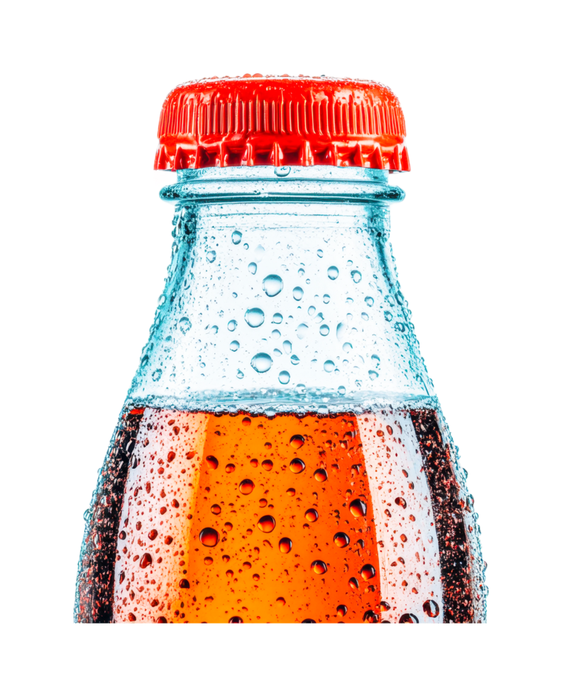 Close-up of a chilled glass soda bottle with red cap and condensation, cut out png