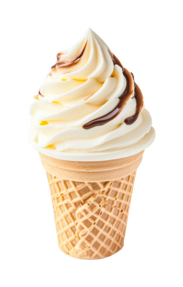 Delicious vanilla soft serve ice cream cone with chocolate drizzle, cut out png