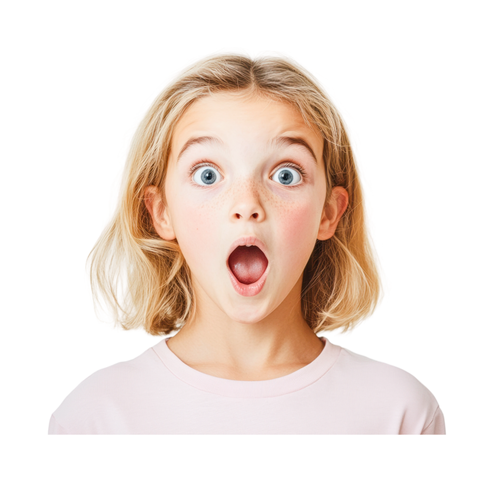 Surprised caucasian female child with wide eyes and mouth open in shock, cut out png