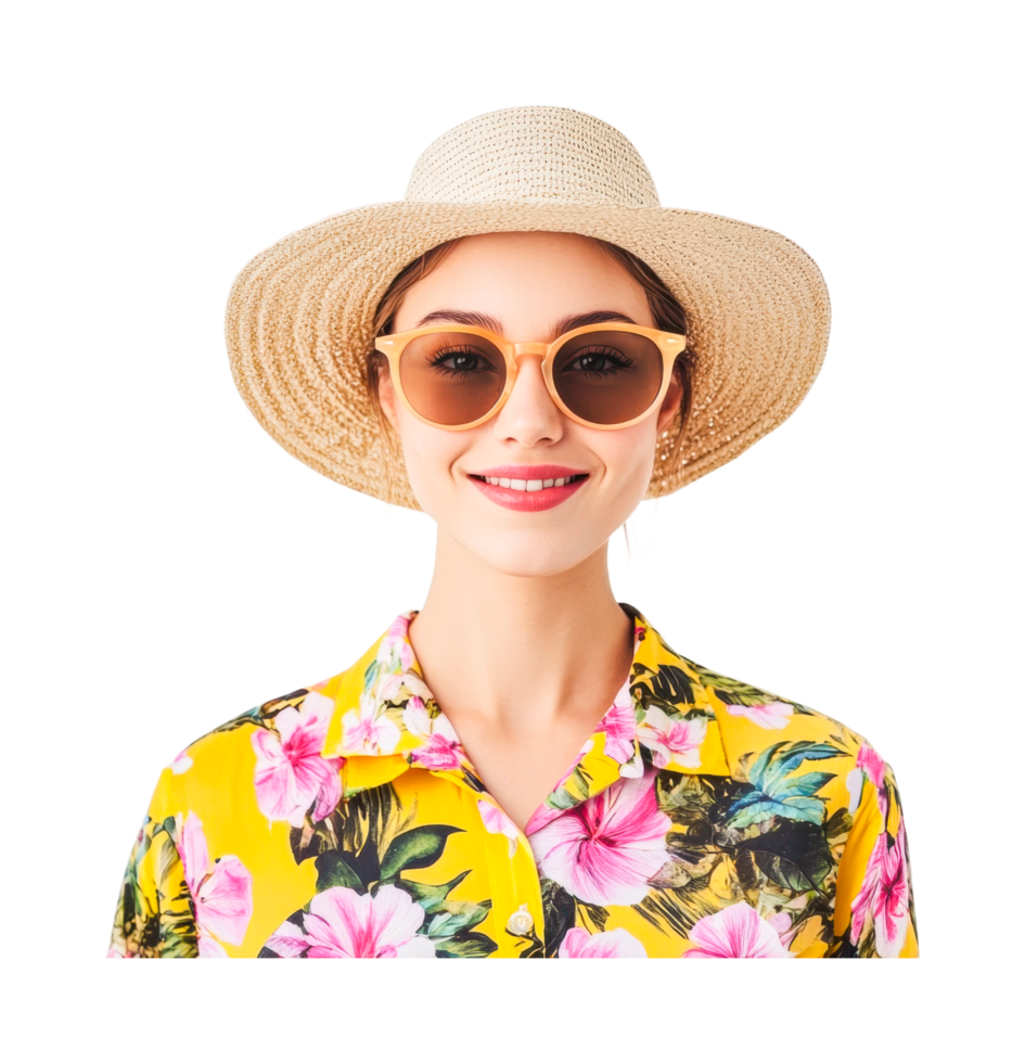 Young caucasian female in floral shirt and straw hat with sunglasses smiling, cut out png