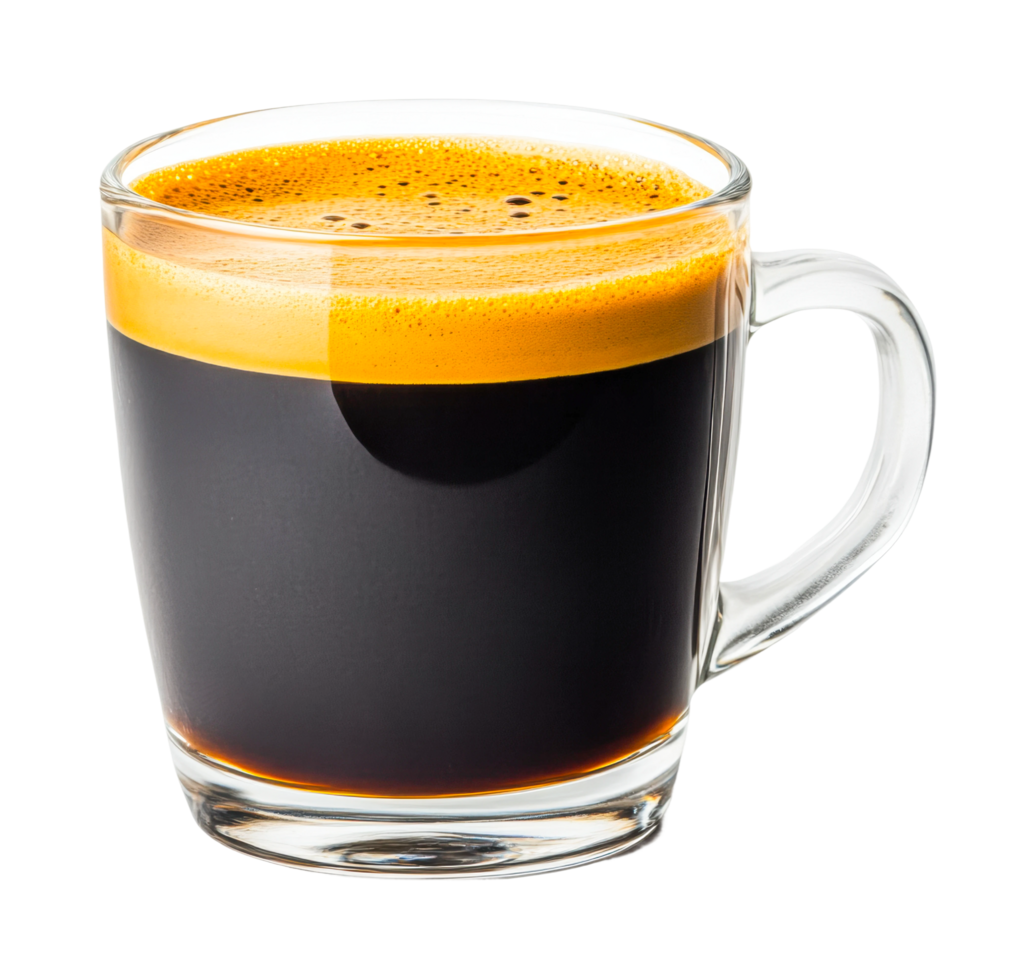 Glass cup of freshly brewed espresso with rich crema, cut out png