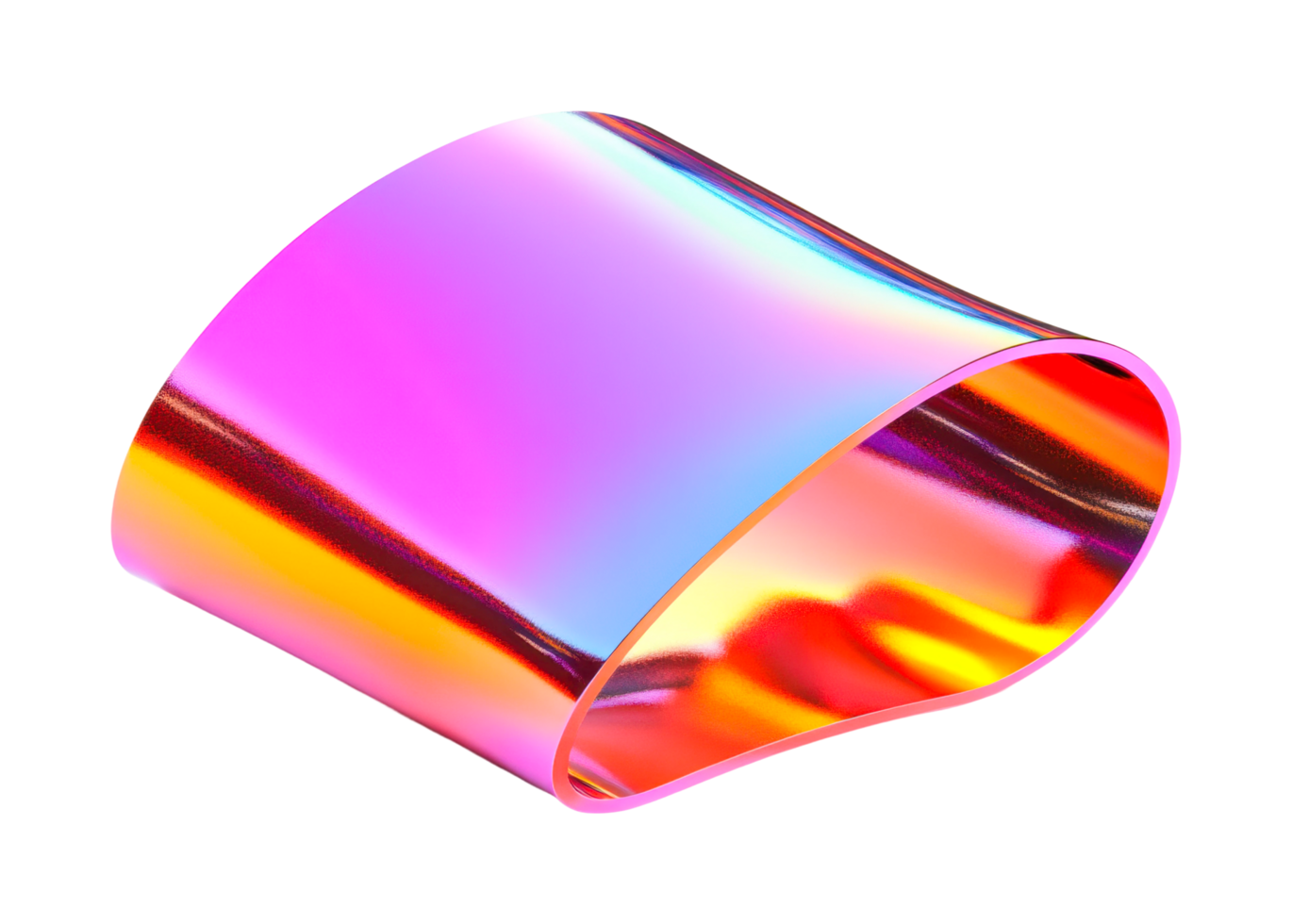 Colorful iridescent ribbon with fluid curves and reflective surface, cut out png