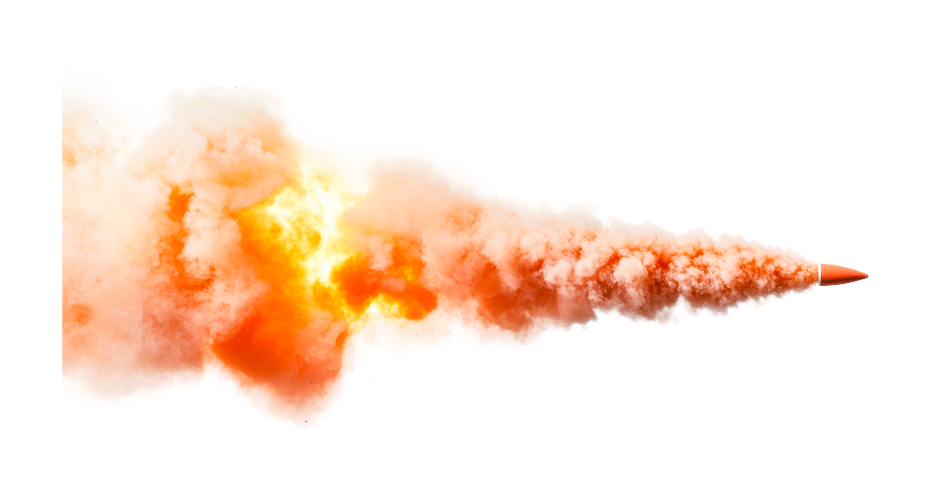 Rocket launch with fiery exhaust trail and dense smoke clouds, cut out png