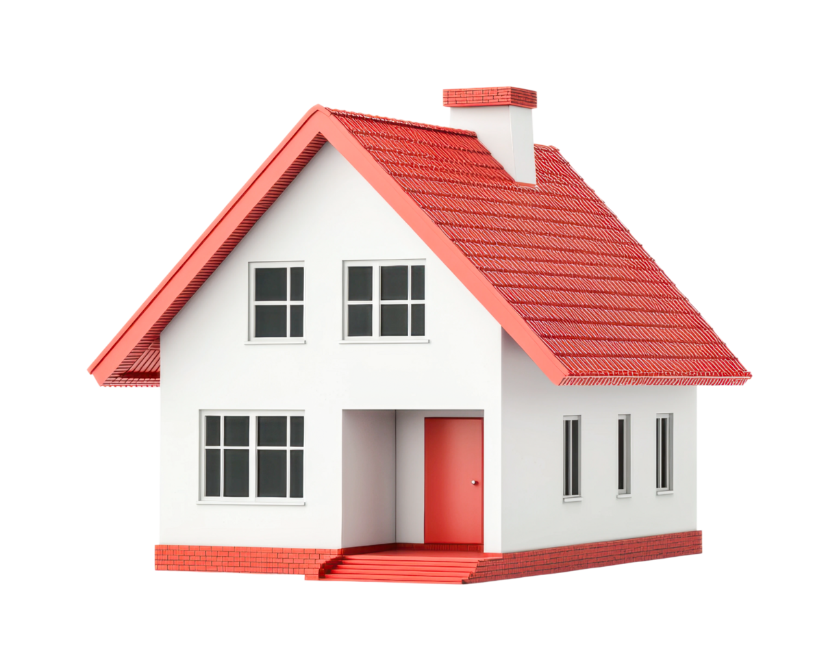 Charming red roof house with white exterior and chimney on black background, cut out png
