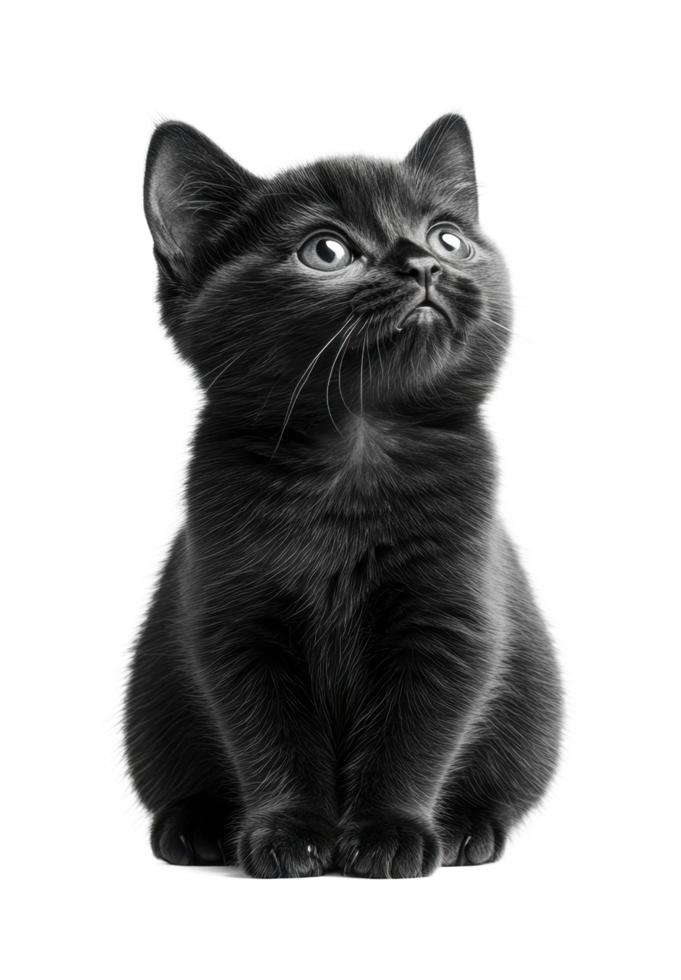 Adorable black kitten with bright eyes sitting alertly, cut out png