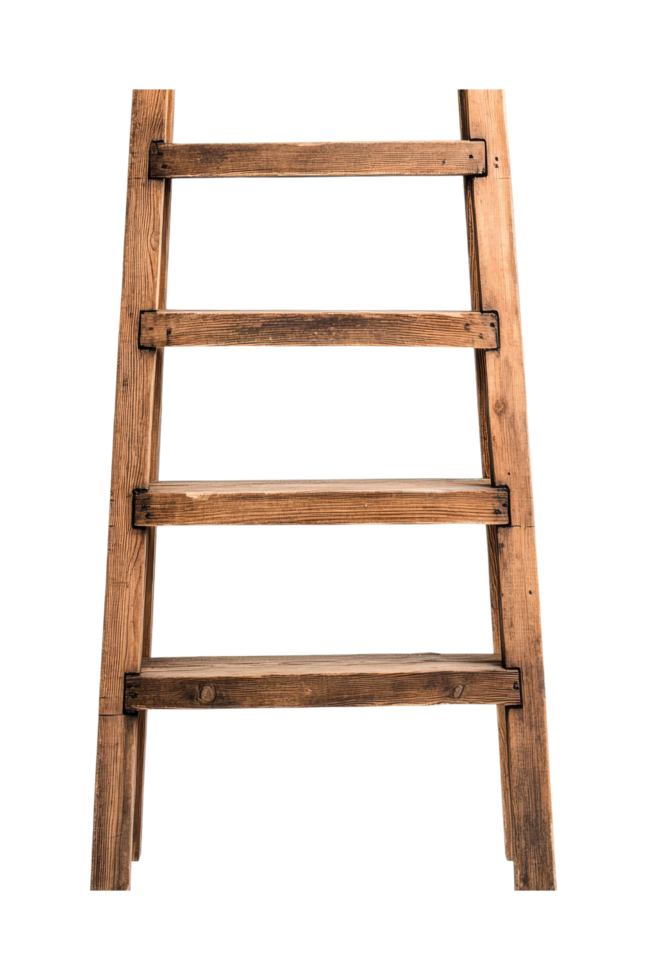 Rustic wooden ladder with four steps and weathered texture, cut out png