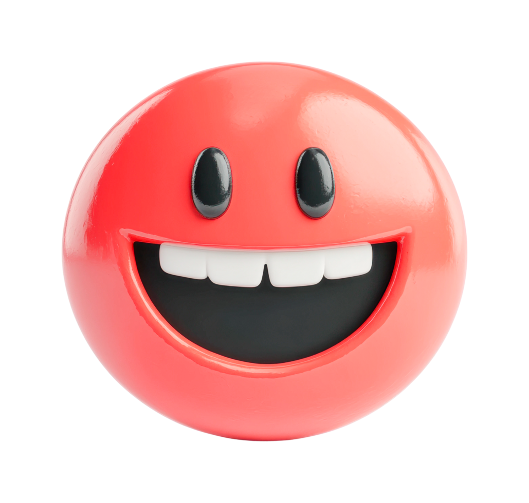 Smiling red emoji with big grin and black eyes, cut out png