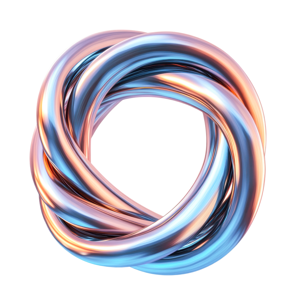 Intertwined metallic rings with glossy finish and gradient colors, cut out png