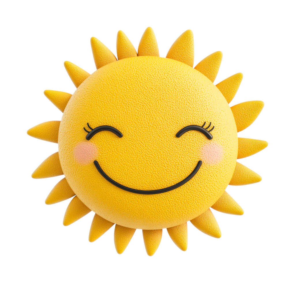 Smiling cartoon sun with blushing cheeks and cute expression, cut out png