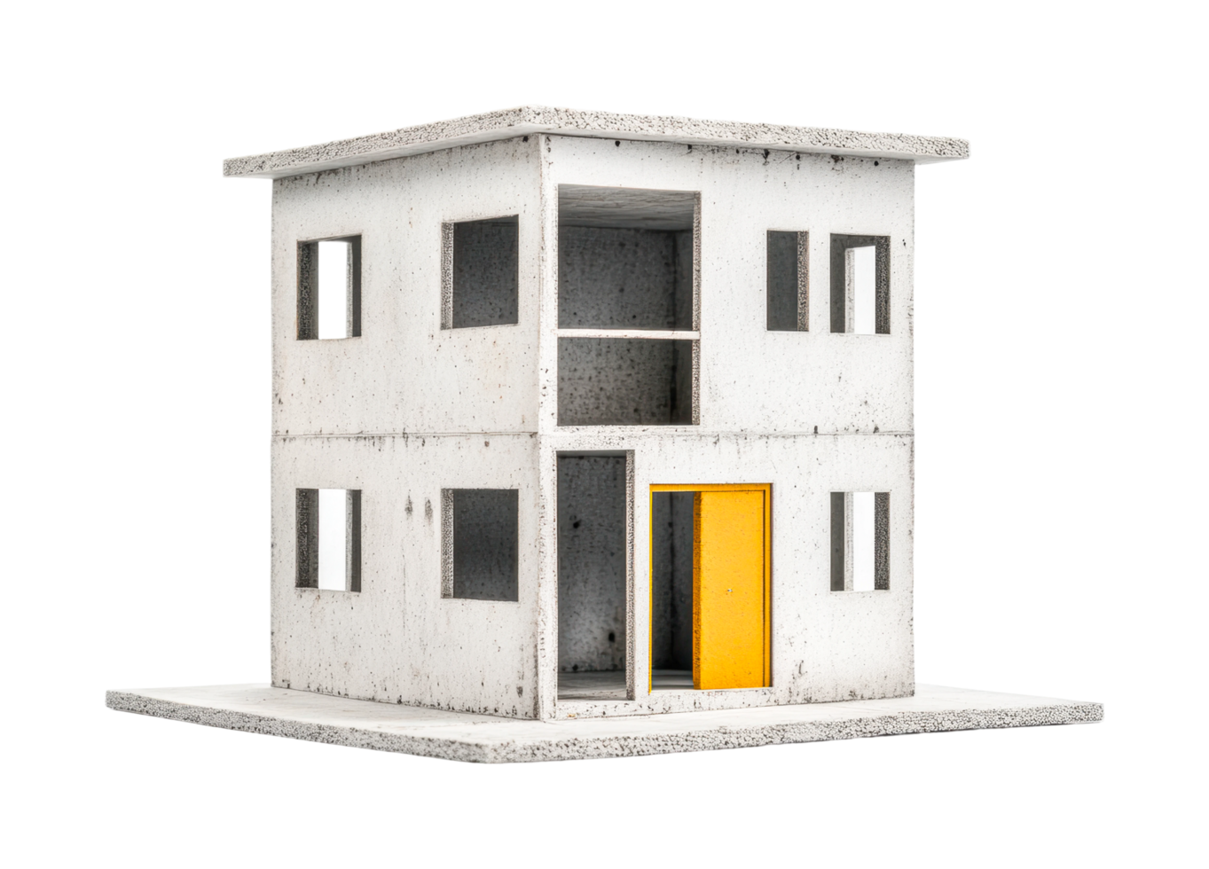 Modern minimalist white two-story house model with yellow door, cut out png