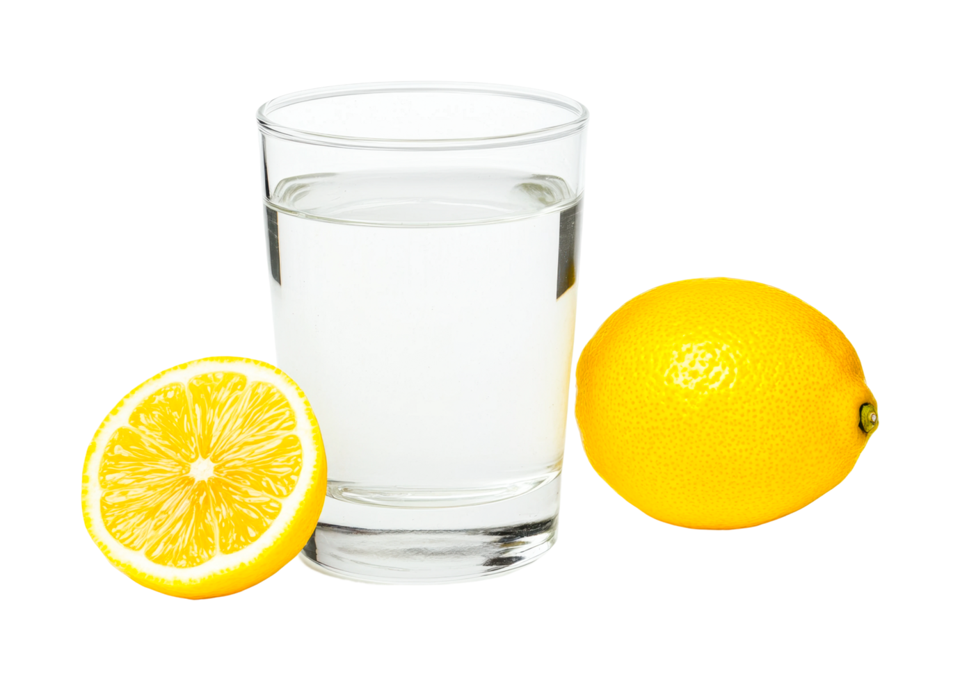 Refreshing glass of water with fresh whole and sliced lemon on display, cut out png