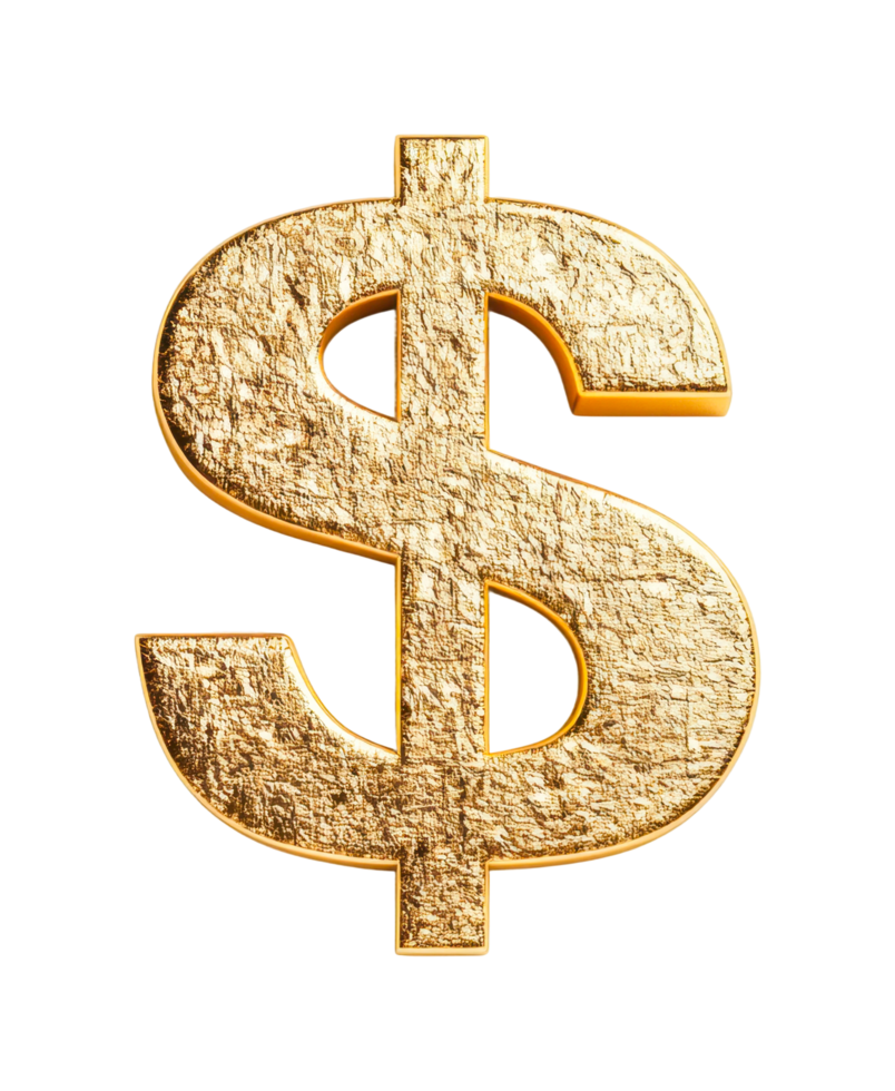 Gold textured dollar sign symbol and finance icon on black, cut out png