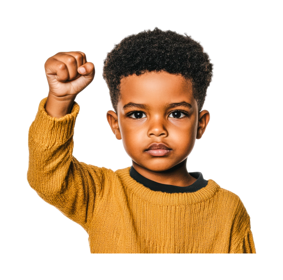 Determined african child showing empowerment with raised fist gesture, cut out png