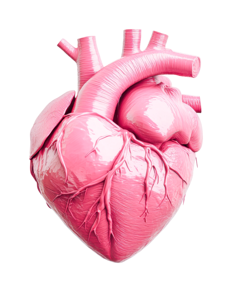 Anatomical model of human heart in pink color showing detailed structure, cut out png