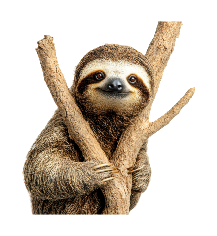 Adorable sloth gripping tree branches with a gentle smile, cut out png