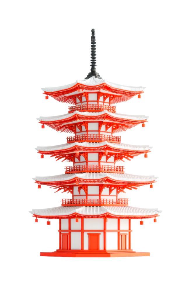 Traditional japanese pagoda with vibrant red and white details, cut out png
